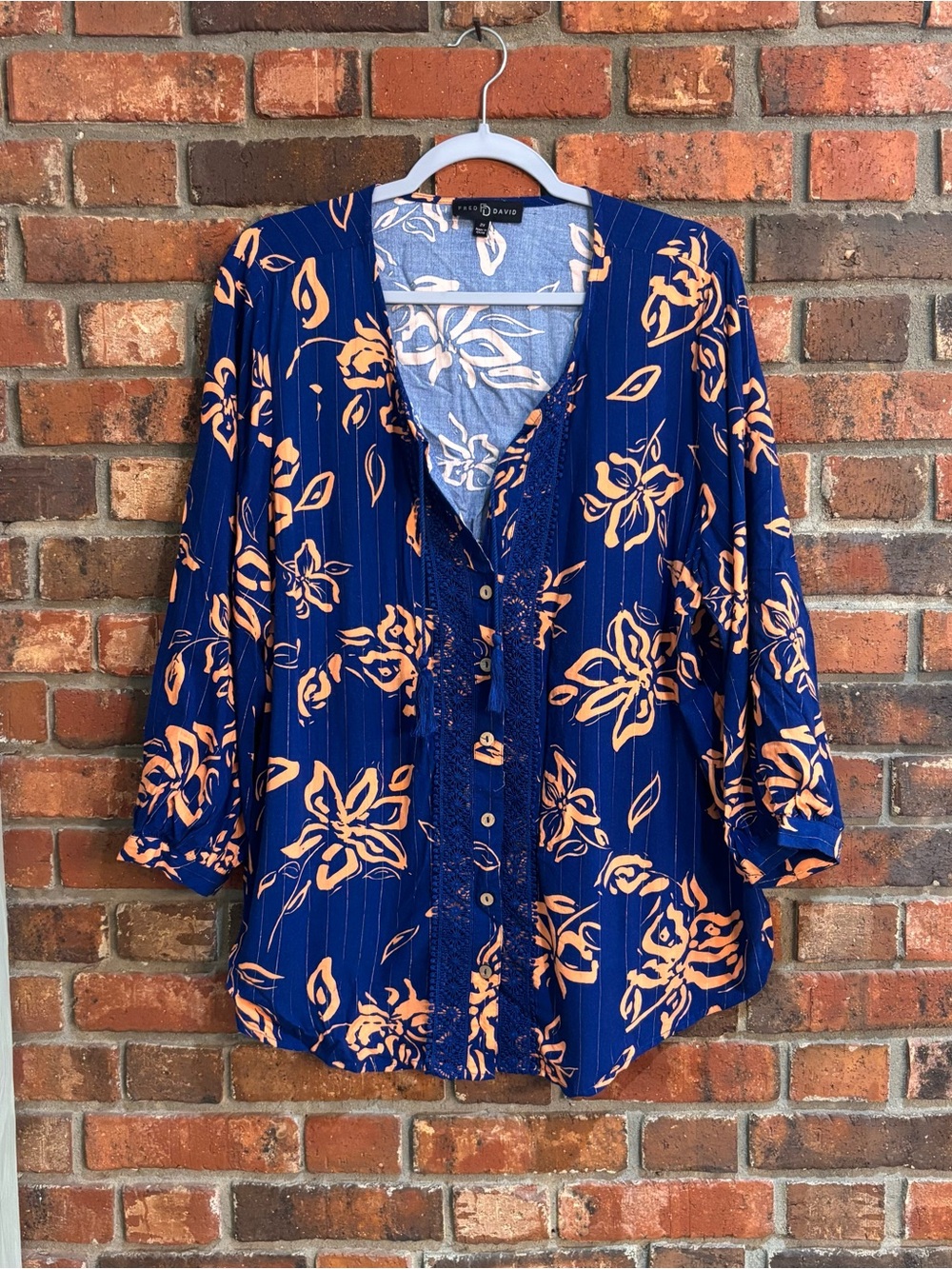 Fred David womens floral pinstripe tassel peasant blouse blue 2X